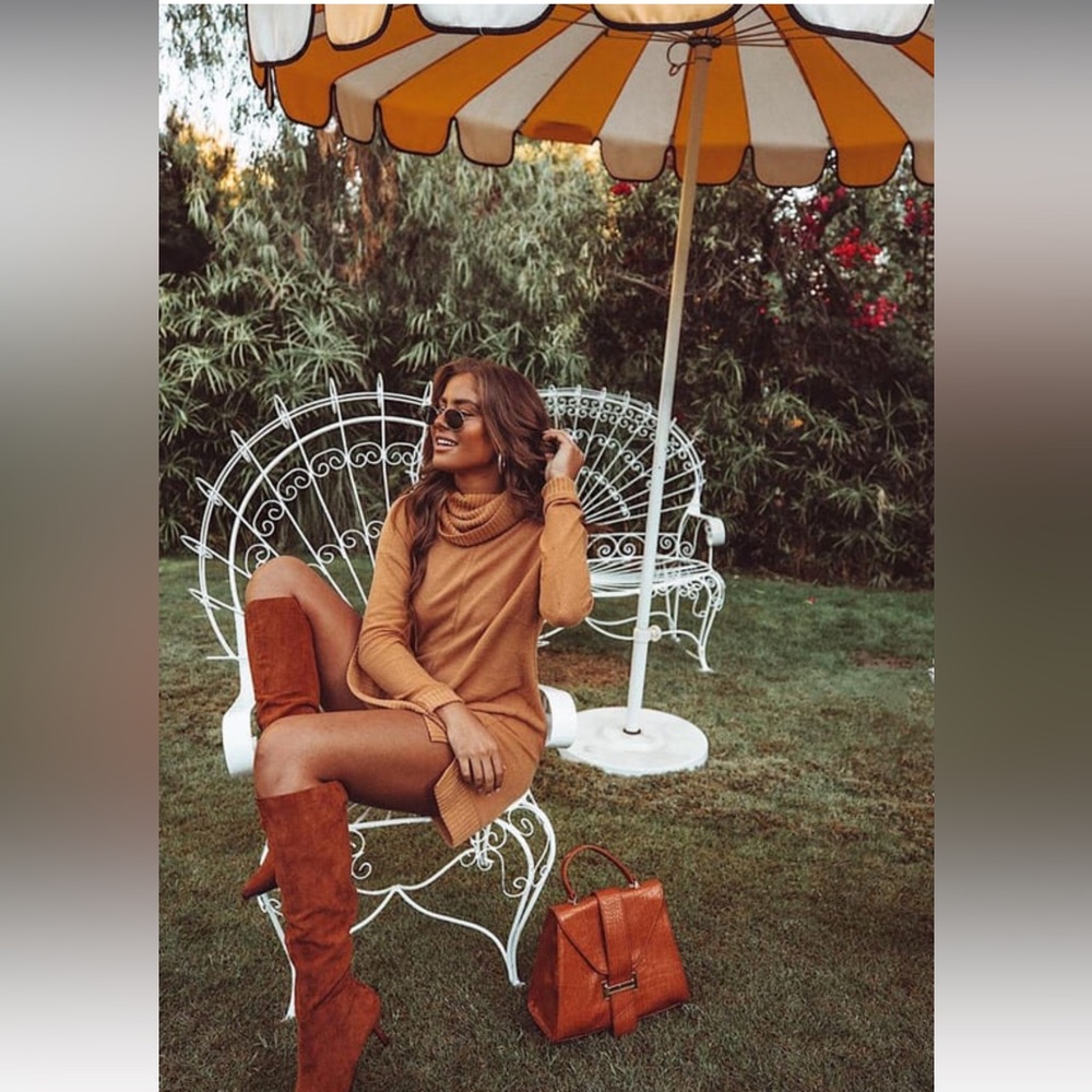 Autumn Daze Camel Cowl Neck Long Sleeve Sweater Dress